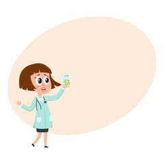 Comic woman doctor character with bob haircut holding bottle of pills, cartoon vector illustration with space for text. Full length portrait of funny woman doctor holding medicine bottle