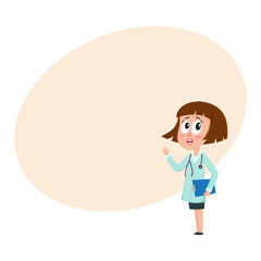 Comic woman doctor character with bob haircut holding clipboard, waving hand, cartoon vector illustration with space for text. Full length portrait of funny woman doctor holding clipboard