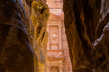 First Petra Treasure Sight Through Siq Stone Walls