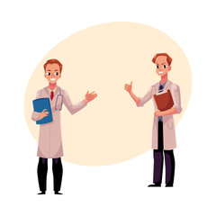 Two male doctors in medical coats holding document folder and clipboard, showing thumb up, cartoon vector illustration with space for text. Full length portrait of two male, man doctors