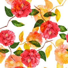 Seamless pattern with golden and red watercolor camellia flowers