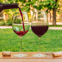 Red wine poured into glass at picnic, with copyspace