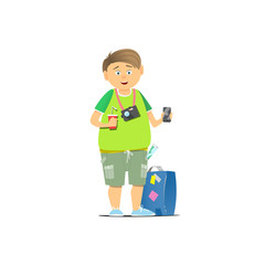 A tourist in a green T-shirt and suitcase.