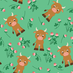 Cows and clover flowers seamless pattern