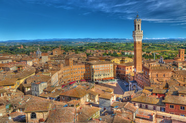 View of Piazza del Campo from Tower Facciatone of Sienna,  in Tuscany, Italy