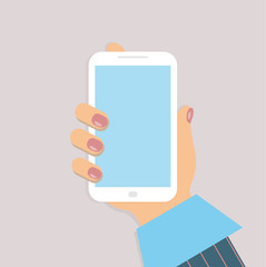 A mobile phone in the female`s hand. A smartphone in businesswoman`s hand. A sleeve of blue shirt and a burgundy striped suit. Red nails. Vector illustration.