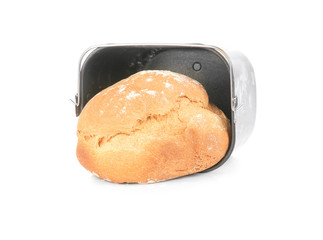 Baking pan with fresh homemade bread on white background