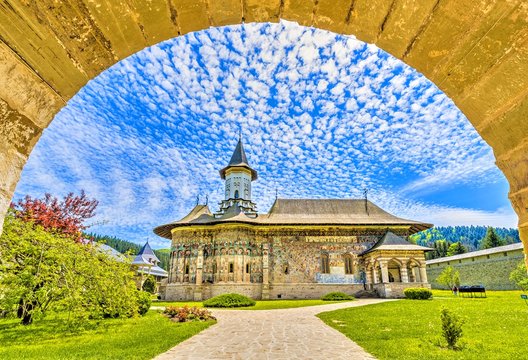 Sucevita orthodox painted church monastery, Suceava landmark, Moldavia, Bucovina, Romania
