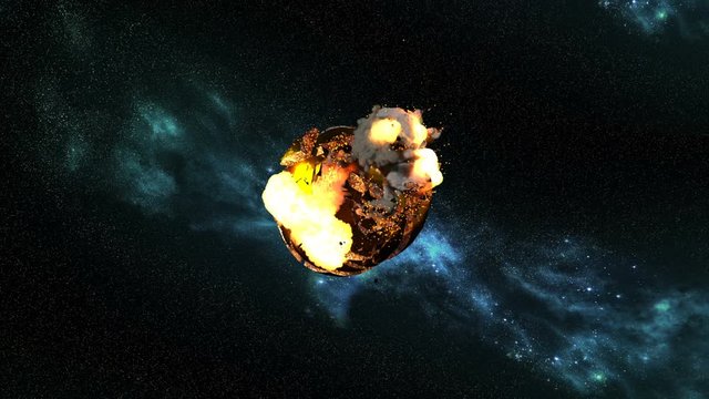 Pan left to Right to Planet Earth which explodes with large debris, fire flames, smoke and magma. Comes with the Alpha Matte.