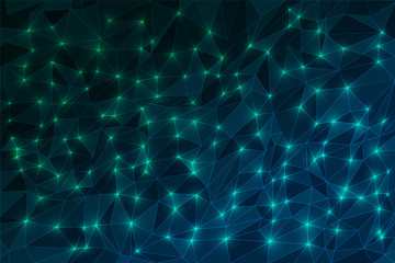 Vector abstract background with random triangles in dark blue colors. Futuristic geometrical modern background with polygonal glowing green mesh. 