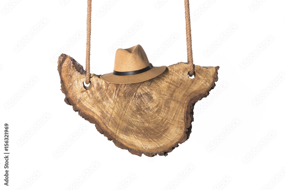 Poster Straw hat,Wooden board on ropes on white isolated background