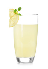 Delicious lemon juice in glass on white background