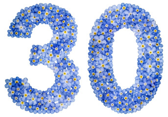 Arabic numeral 30, thirty, from blue forget-me-not flowers