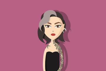 Hipster cartoon character. Woman with tattoos, piercings and white hair. Flat vector illustration.