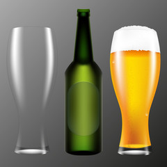Realistic bottle and a glass of beer. Vector illustration on a gray background.