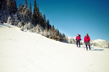 Two climbers in the mountains in winter.