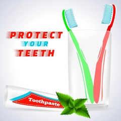 Teeth Protection,Medical Conception for Tooth Clinic.Red Toothbrush,Green Toothbrush in Toothbrush Glass.Toothpaste Tube,Spearmint Flavor with mint flavor leaves on simple White Gray Background