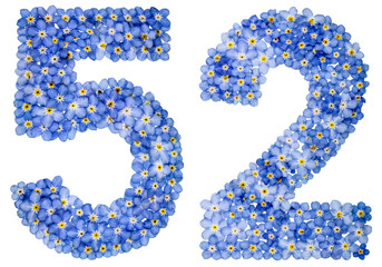 Arabic numeral 52, fifty two, from blue forget-me-not flowers