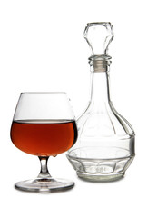 Glass with brandy and cognac on white background