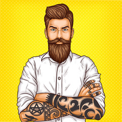 Vector pop art illustration of a brutal bearded man, macho with tatoo folded his arms over his chest - obrazy, fototapety, plakaty