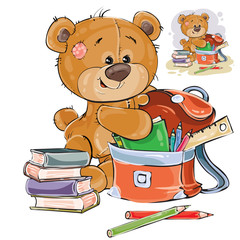 Fototapeta premium Vector illustration of a brown teddy bear holds books and pencils in a school satchel. Print, template, design element