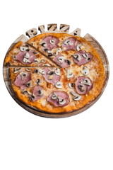 Italian pizza with ham and mushrooms. A series of different types of pizza for menus photographed from one angle