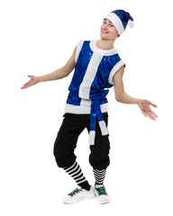 man wearing a bunny costume posing against isolated white in full length