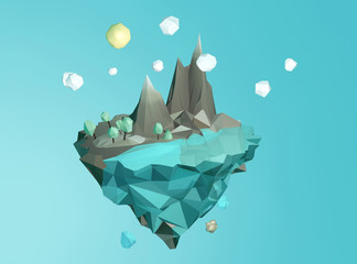 three-dimensional image of the flying island with the sea, mountains and land with trees on blue sky background with sun and clouds made of primitive models
