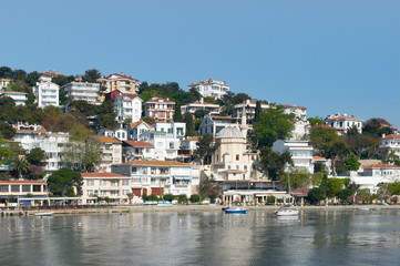 Fototapeta na wymiar View of Burgazada island from the sea with summer houses and a small mosque. the island is the third largest one of four islands named Princes' Islands in the Sea of Marmara, near Istanbul, Turkey
