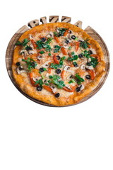 Italian pizza cesare with pepper mushrooms and parsley. A series of different types of pizza for menus from one angle