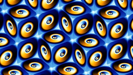 Blue cubes. Golden wheels. Seamless 3D texture. Wallpaper