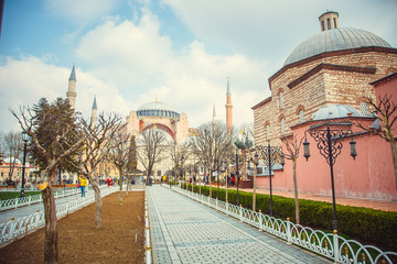 The beautiful architecture of Hagia Sophia mosque in Istanbul, Turkey - obrazy, fototapety, plakaty