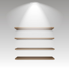 Wooden shelves on grey wall with illuminated lamp with soft light. Vector illustration