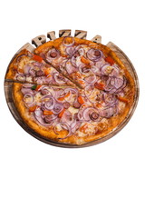 Italian pizza cesare with pepper onion sausage and ham. A series of different types of pizza for menus from one angle