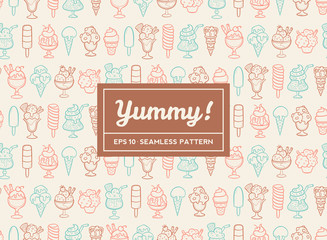 Hand drawn vector ice cream seamless pattern. Cones and ice creams with different flavours made in cartoon style.