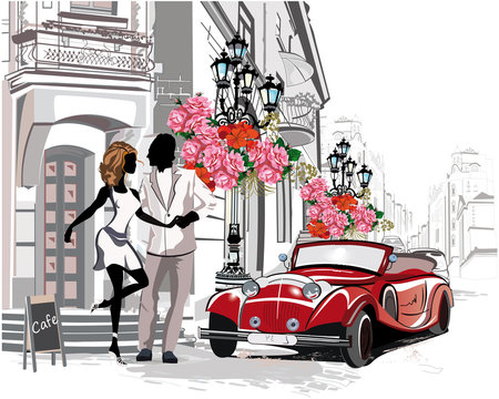 Series of street cafes with a retro car and a romantic couple in the old city. Hand drawn vector.