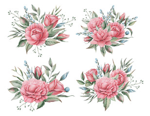 Hand painted watercolor charming combination of Flowers and Leaves, isolated on white background