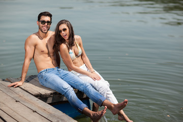 happy couple in love on river,shallow depth of field