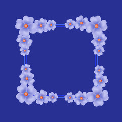 Blue background with border and flowers. Illustration.