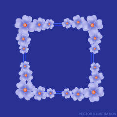 Blue background with border and flowers. Vector illustration.