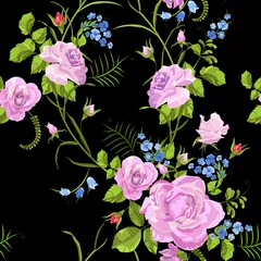 Behang Fashion seamless pattern with roses and forget me not flowers. Vector traditional floral bouquet template for fabric print, packaging, embroidery, card design. © lxby60