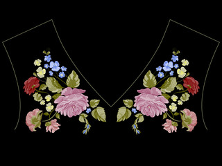 Colorful trend neckline pattern with peonies, roses and forget me not flowers. Vector traditional floral bouquet template for fashion, embroidery, clothing print design.