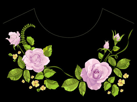 Embroidery trend neckline pattern with lilac roses. Vector traditional floral bouquet template with flowers for textile print, fashion, clothing design.