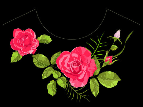Embroidery trend neckline pattern with red roses. Vector traditional floral bouquet template with flowers for textile print, fashion, clothing design.