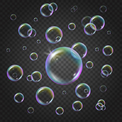 Shampoo foam on transparent background. Colorful realistic bubbles with rainbow reflection. Liquid cleaning soap foam for bath and shower. Blowing soap bubble spray for washing design flyer and banner