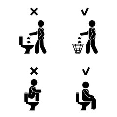 Right and wrong man people position in closet. Posture stick figure. Vector illustration of posing person icon symbol sign pictogram in toilet