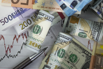 Diagram of currency exchange rates. Piles of euro bills, 100, 200, 500 euro banknotes,rolled hundred us bills on the graph. Euro coins in center of image.Ball pen and ruler. 