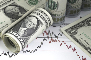 Diagram of stock market prices rates. One us dollar bills, rolled hundred us dollar bills. Ruler on the chart. Red and black lines on the graph.