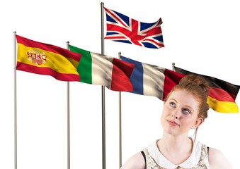 Fototapeta premium main language flags behind teenager thinking