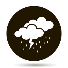 Weather forecast. Clouds of rain and thunder. Cloud thunderstorm lightning rain icon. White icon on a black background